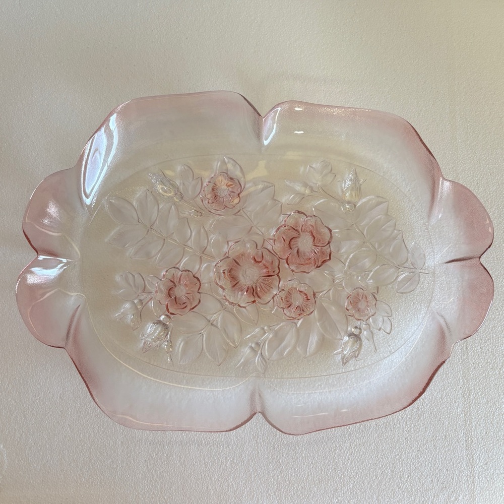 Vintage Mikasa Rosella Ruffled Edge Pink Presses Frosted Glass Serving Platter